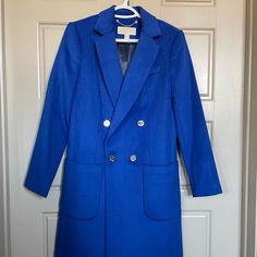 Beautiful Blue Coat Size 2. Used Just Once. I Really Love This Coat But I’m 5’0” And The Coat Is Too Long For Me. In Perfect Condition, Like New!! If You Are Interested, You Can Make An Offer !! Chic Blue Business Outerwear, Career Blue Buttoned Outerwear, Career Blue Outerwear With Buttons, Blue Buttoned Career Outerwear, Royal Blue Winter Outerwear For Work, Blue Long Sleeve Career Outerwear, Tailored Blue Double-breasted Outerwear, Tailored Double-breasted Blue Outerwear, Blue Career Blazer For Fall