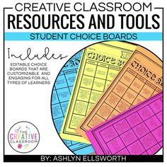 the cover of creative classroom resources and tools student's choice boards, featuring three different colored squares