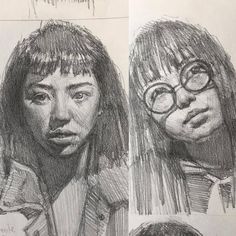 three different drawings of people with glasses