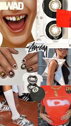 a collage of photos with different types of nails and accessories on them, including an image of a woman's face