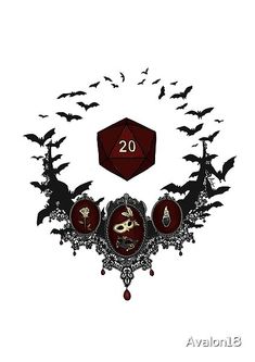 a red d20 dice surrounded by bats on a white background with the number 20