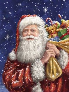 a painting of santa claus carrying presents in his arms and holding a bag with gifts