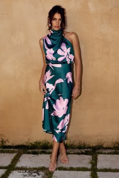 Anabelle Halter Neck Maxi Dress - Green Pink - Petal & Pup USA Halter Neck Midi Dress, Satin Dresses Long, Halter Neck Maxi Dress, Resort Dresses, Essential Dress, Cocktail Attire, Usa Dresses, Rust Dress, Satin Midi Dress