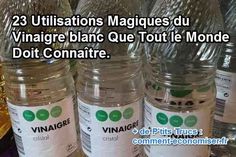 three bottles of water sitting next to each other on a shelf with the caption'23 ulilsations magques du vinaise blanc tour de l '