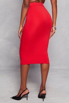 High Waisted, Midi Length, Pencil Skirt, Stretch, Solid, Item Number 3413061355463 Elegant Red Pencil Skirt, Red Stretch Pencil Skirt For Party, Red Pencil Skirt For Summer, Red Midi Skirt For Workwear, Red Midi Pencil Skirt For Work, Red Knee-length Pencil Skirt For Spring, Chic Red Pencil Skirt For Summer, Chic Red Pencil Skirt For Spring, Chic Red Pencil Skirt