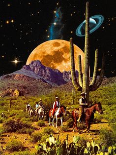 an image of people riding horses in the desert with cactus trees and moon behind them