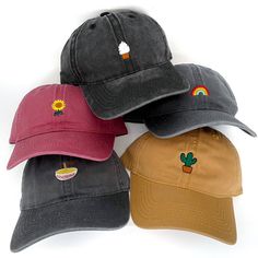 Adjustable baseball hats feature your fave embroidered & choice of hat color!! 100% Cotton One size fits all! :) Comfortable material for daily wear with trendy prints & colors! *Do note that icons in black will be using white threads on dark colors caps* Embroidery Caps Ideas For Men, Embroidered Hats Baseball Caps, Trendy Caps, Embroider Ideas, Embroidery Accessories, Cap Embroidery, Monogram Hats, Embroidery Caps, Colorful Hat