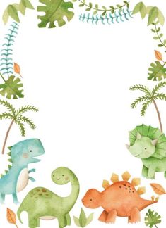 watercolor dinosaurs and plants are in the shape of a frame on a white background