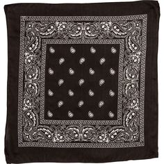 a black and white bandanna with paisley design on the front, in square shape