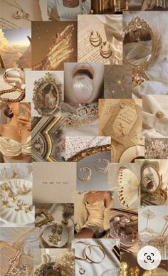 a collage of many different pictures with gold and white items on them, including jewelry