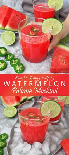 watermelon paloma cocktail with limes and jalapenos on the side