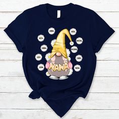 a t - shirt with an image of a gnome wearing a hat and flowers on it