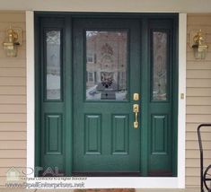 a cat sitting in the window of a green front door