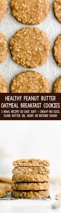 healthy peanut butter oatmeal breakfast cookies stacked up on top of each other