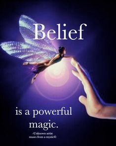 a hand holding a fairy on top of a purple background with the words belief is a powerful magic