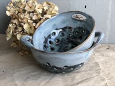 two blue bowls sitting next to each other on top of a wooden table with dried flowers in the background