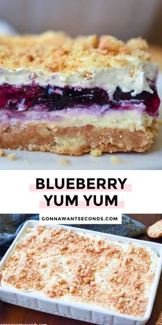 the blueberry yum is served in a casserole dish and on a plate