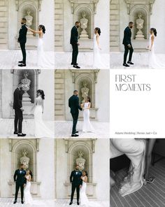 a collage of photos showing the first and second moments of a bride and groom