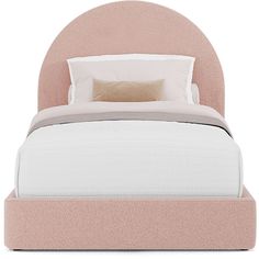 a bed with a pink headboard and two pillows on it's sides, in front of a white background