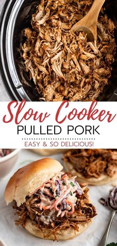 slow cooker pulled pork recipe in a crock pot with the title above it