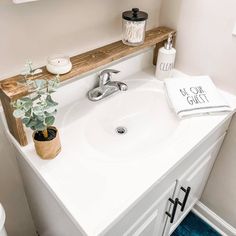 a bathroom sink with a wooden shelf above it and a potted plant on the counter