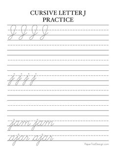 Print this free cursive handwriting worksheet for the letter J