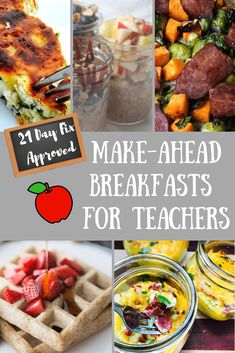 the collage shows different types of breakfasts for teachers to eat and drink together