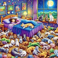 a painting of many cats laying on a bed in front of a night sky and stars