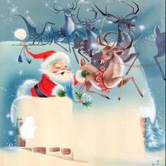 a painting of santa claus and his reindeers