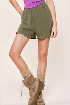 Comfy shorts with flared hem with pockets. R-1, 2, 3 Green Wide Leg Shorts With Pockets, Green Wide-leg Shorts With Pockets, Casual Pants With Built-in Shorts For Fall, Fall Shorts With Side Pockets, Solid Color Relaxed Fit Shorts For Fall, Solid Color Mid-thigh Length Shorts With Pockets, Casual Green Wide Leg Shorts, Mid-thigh Length Shorts With Pockets, Summer Bottoms With Pockets, Mid-thigh Length