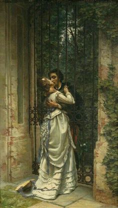 a painting of a man and woman hugging in front of an iron gate with trees behind them