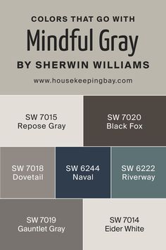 Colors That Go With Mindful Gray SW 7016 by Sherwin Williams Dovetail Sherwin Williams Coordinating Colors, Sw Dark Grey Paint Colors, Riverway Sherwin Williams Kitchen, Sw Portsmouth, Gauntlet Gray Coordinating Colors, Basement Color Schemes Sherwin Williams, Wall Colors To Match Gray Flooring, Colors That Go With Gray, Sw Dovetail