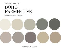 the color palette for boho farmhouse is shown in shades of gray, beige and white