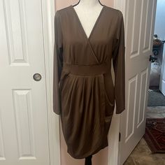 Laolasi Long Sleeve Wrap Dress Brown Fitted Dress With Surplice Neckline, Pleated Brown Dress For Date Night, Brown Pleated Dress For Date Night, Dress With Gloves, Maternity Black Dress, Lace Trim Dress, Cocktail Dress Wedding, Long Sleeve Wrap Dress, Cotton Blends Dress