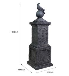 a bird statue sitting on top of a stone pillar with the measurements for it's height