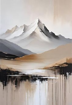 an abstract painting with mountains and water in the foreground, on a beige background