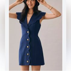 Brand New Size S By Entro Fitted Classy Navy Blue Scalloped Bib Collar Dress With Gold Button Front Detail Dress It Up Or Down. Very Chic Classy Look Outfit Elegantes, Outfits Dress, Scalloped Dress, Maxi Shirt Dress, Down Dress, 60s Fashion, Button Down Dress, Anthropologie Dress, Looks Vintage