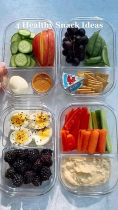 four plastic containers filled with different types of food