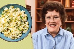 an older woman is smiling next to a plate of potato salad on the set of this show