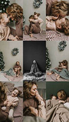 a woman laying in bed with her baby next to christmas tree and presents on the floor