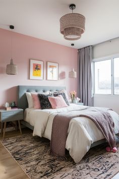 a bedroom with pink walls and white bedding