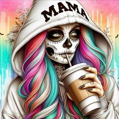 a drawing of a woman with colorful hair and makeup holding a drink in her hand