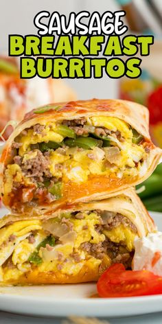 Breakfast burritos with sausage Breakfast Burrito Recipe Sausage, Sausage Breakfast Burritos, Avocado Chunks, Breakfast Burrito Recipe, Breakfast Tacos Recipe, Fluffy Scrambled Eggs, Burrito Recipe, Breakfast Burritos Recipe, Hot Breakfast