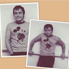 two men wearing mickey mouse t - shirts in black and white