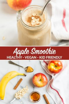 an apple smoothie in a mason jar with apples and cinnamon on the side