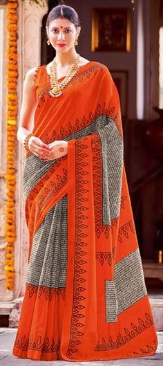 Black and Grey, Orange color Saree in Bhagalpuri Silk fabric with Printed work Party Wear Traditional, Eid Special, Traditional Saree, Black And Orange, Traditional Sarees, Orange Fashion, Blouse Length, Petticoat, Silk Fabric