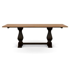 a wooden table with two black legs and a light brown top on an isolated white background