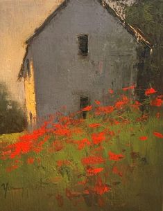 an oil painting of a white barn and red flowers