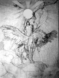 a drawing of a man riding on the back of a horse with an angel above it