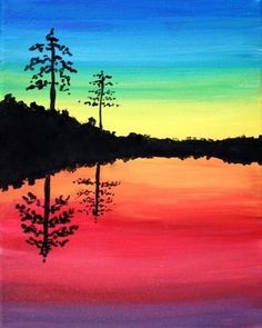 an acrylic painting of trees and water at sunset